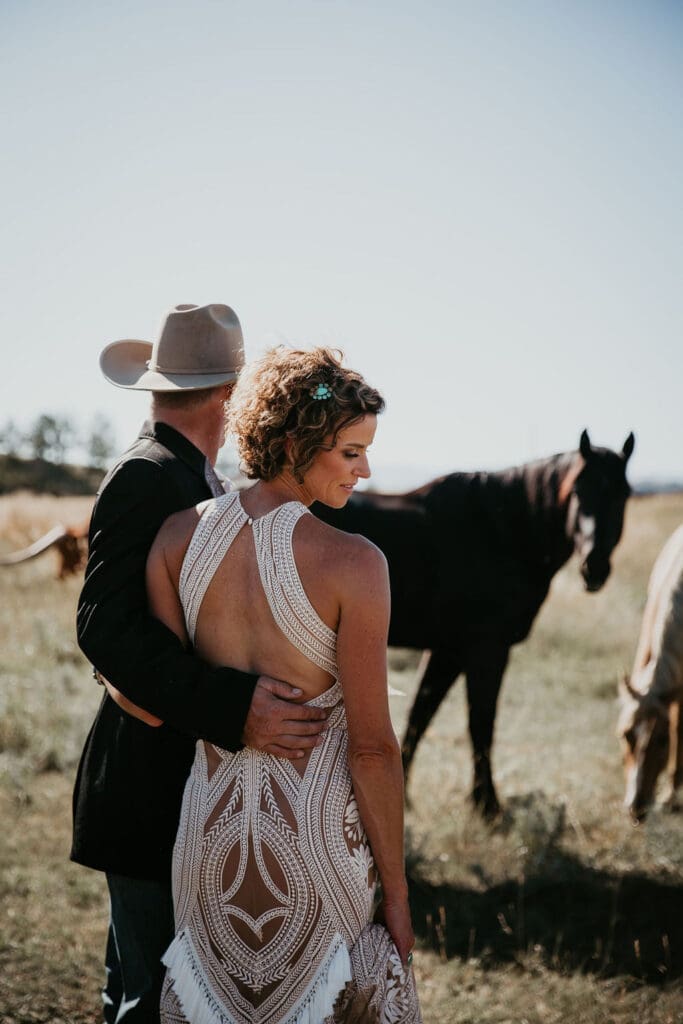 Candid wedding portraits of older couple celebrating ranch wedding in Eastern Montana.