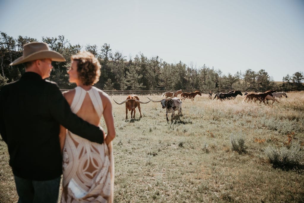Wedding couple standing together with horses grazing in the background.